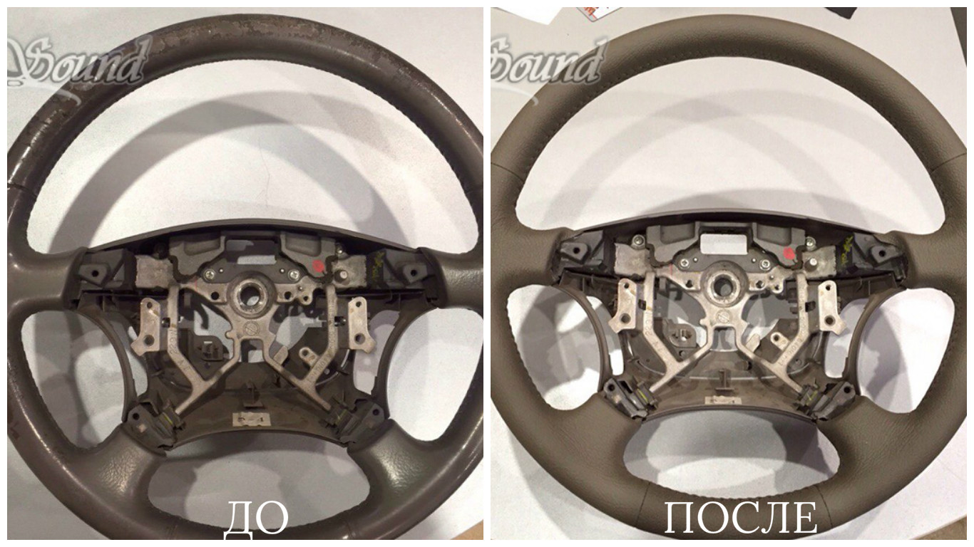 Руль до и после перетяжки кожей в Toyota Land Cruiser 120